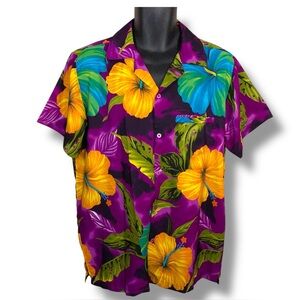 Large VHO Hawaiian Shirt Colorful Mens Purple Green Floral Yellow Retro Vacation